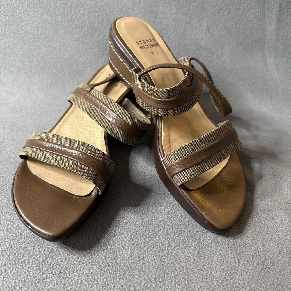 Stuart Weitzman Wedge Sandals Womens 7.5‎ Brown Slingback 2" Wedge Leather Upper
